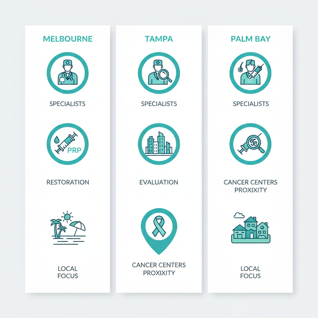 Infographic comparing hair regrowth support services at dermatology clinics in Melbourne, Tampa, and Palm Bay, Florida, highlighting specialists, options, proximity, and local advantages.
