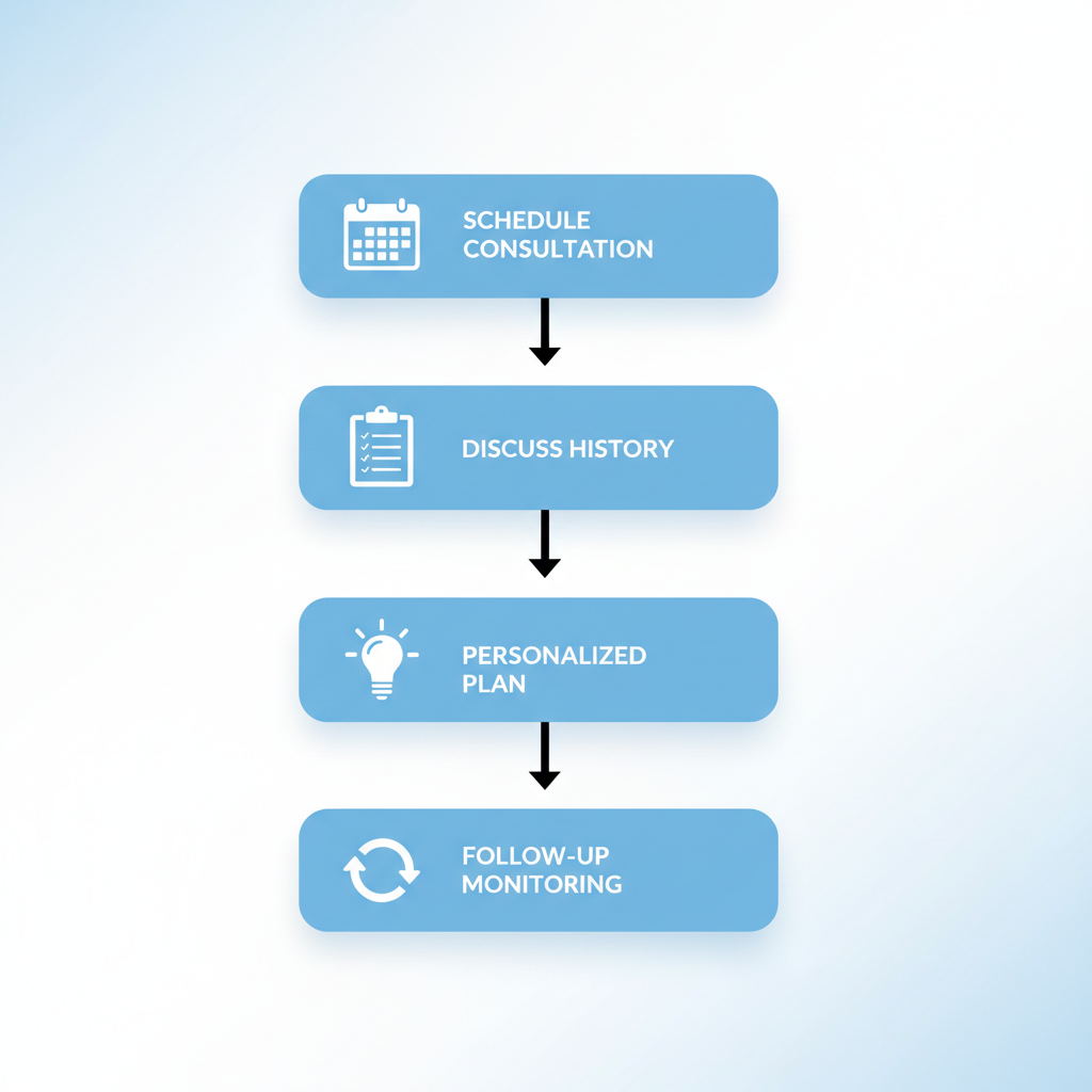 Vertical process flow diagram illustrating four steps to start hair regrowth consultation: schedule consultation, discuss medical history, receive personalized plan, follow-up monitoring, with icons and arrows.