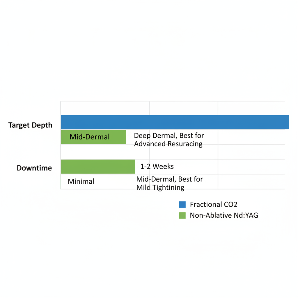 Horizontal bar chart comparing Fractional CO2 and Non-Ablative Nd:YAG lasers for collagen stimulation, showing target depth and downtime.