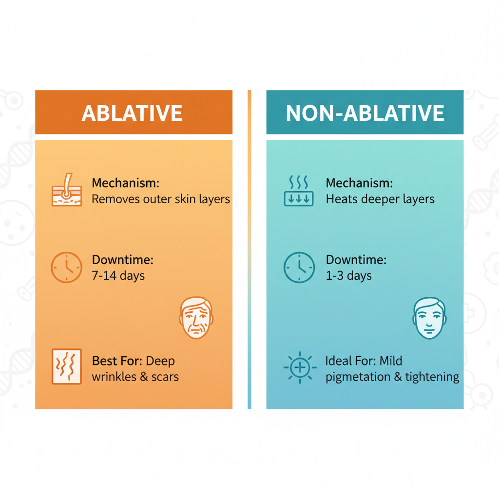 Infographic comparing ablative and non-ablative laser skin treatments with icons and minimal labels