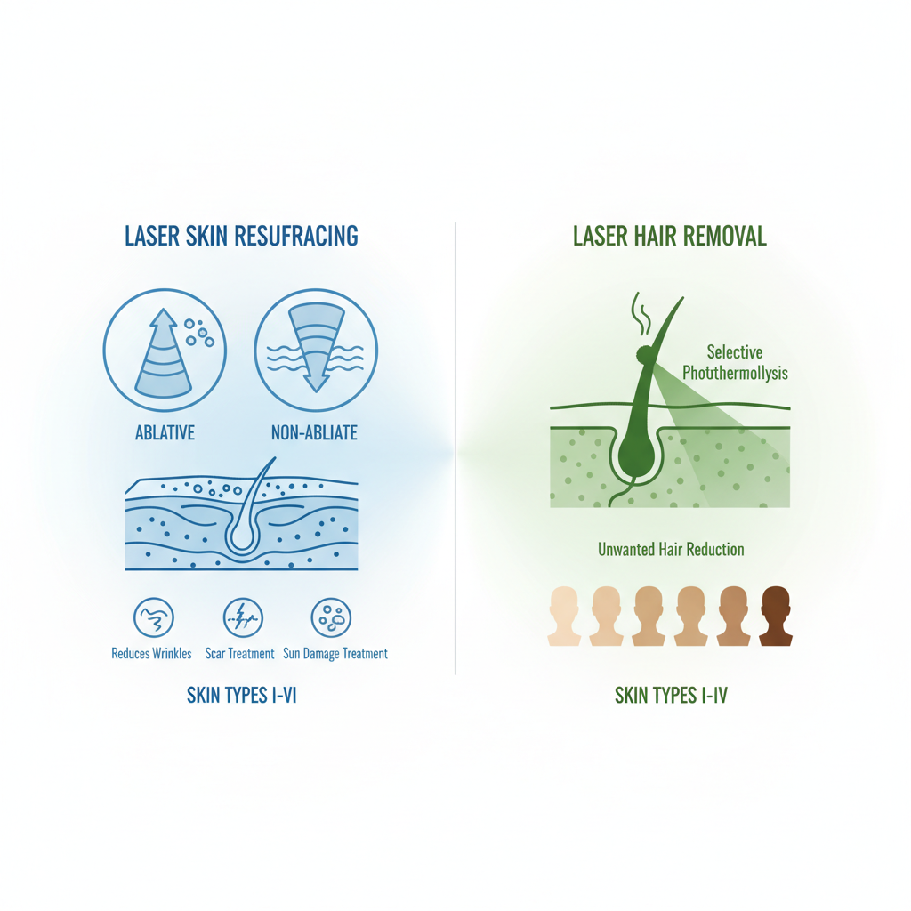 Infographic overview of laser skin resurfacing and hair removal procedures with key benefits and suitability notes