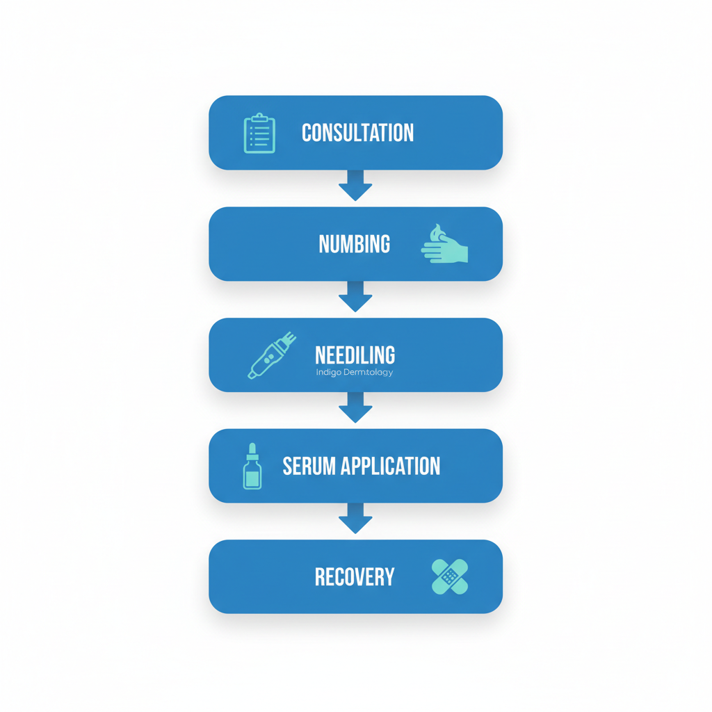 Vertical process flow diagram illustrating the five stages of the microneedling procedure: consultation, numbing, needling, serum application, and recovery.