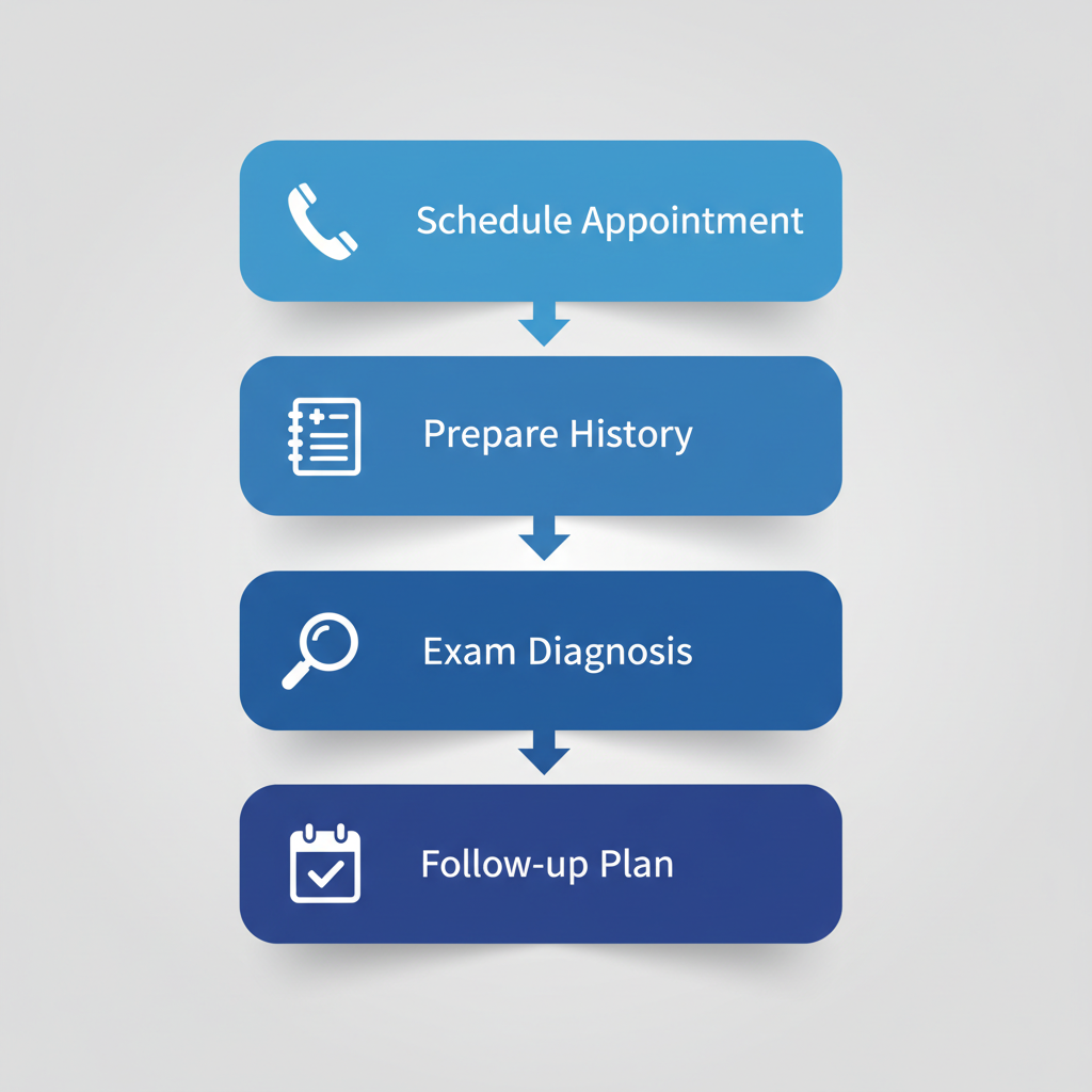 Vertical process flow diagram illustrating four steps to start psoriasis treatment: schedule appointment, prepare history, exam and diagnosis, follow-up and plan.
