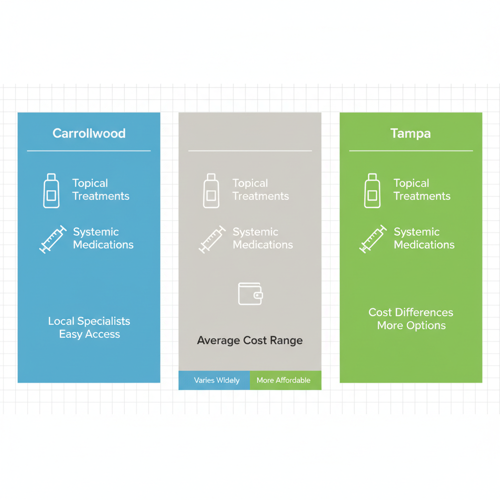 Infographic comparing psoriasis treatment options including topicals, systemics, and costs in Carrollwood and Tampa clinics
