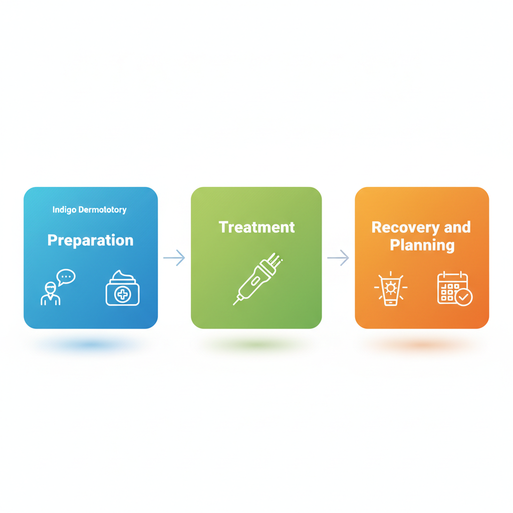 Horizontal diagram illustrating the three stages of microneedling procedure: preparation, treatment, and recovery at Indigo Dermatology
