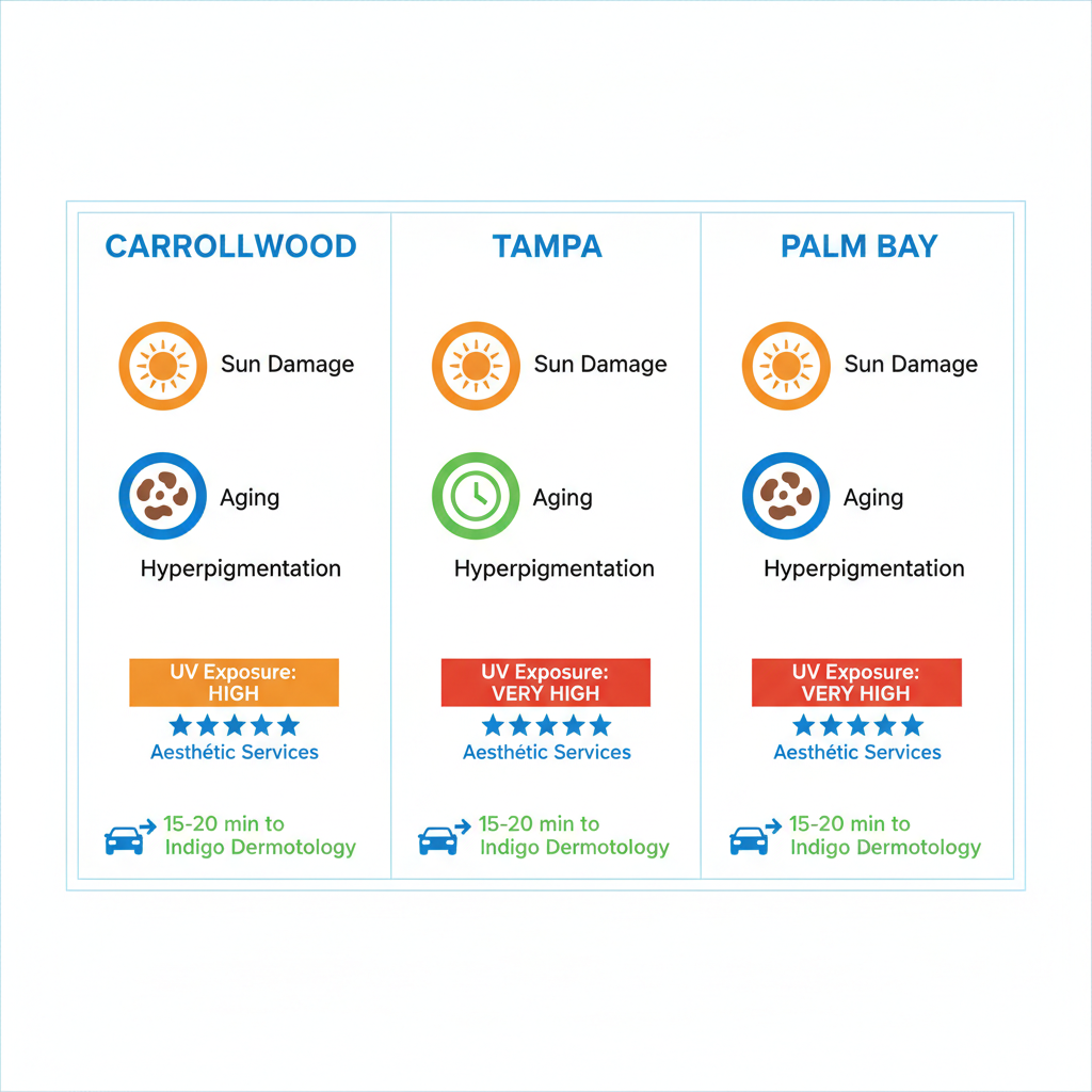 Infographic comparing skin rejuvenation needs across Carrollwood, Tampa, and Palm Bay with icons for skin issues, UV levels, service access ratings, and clinic proximity.
