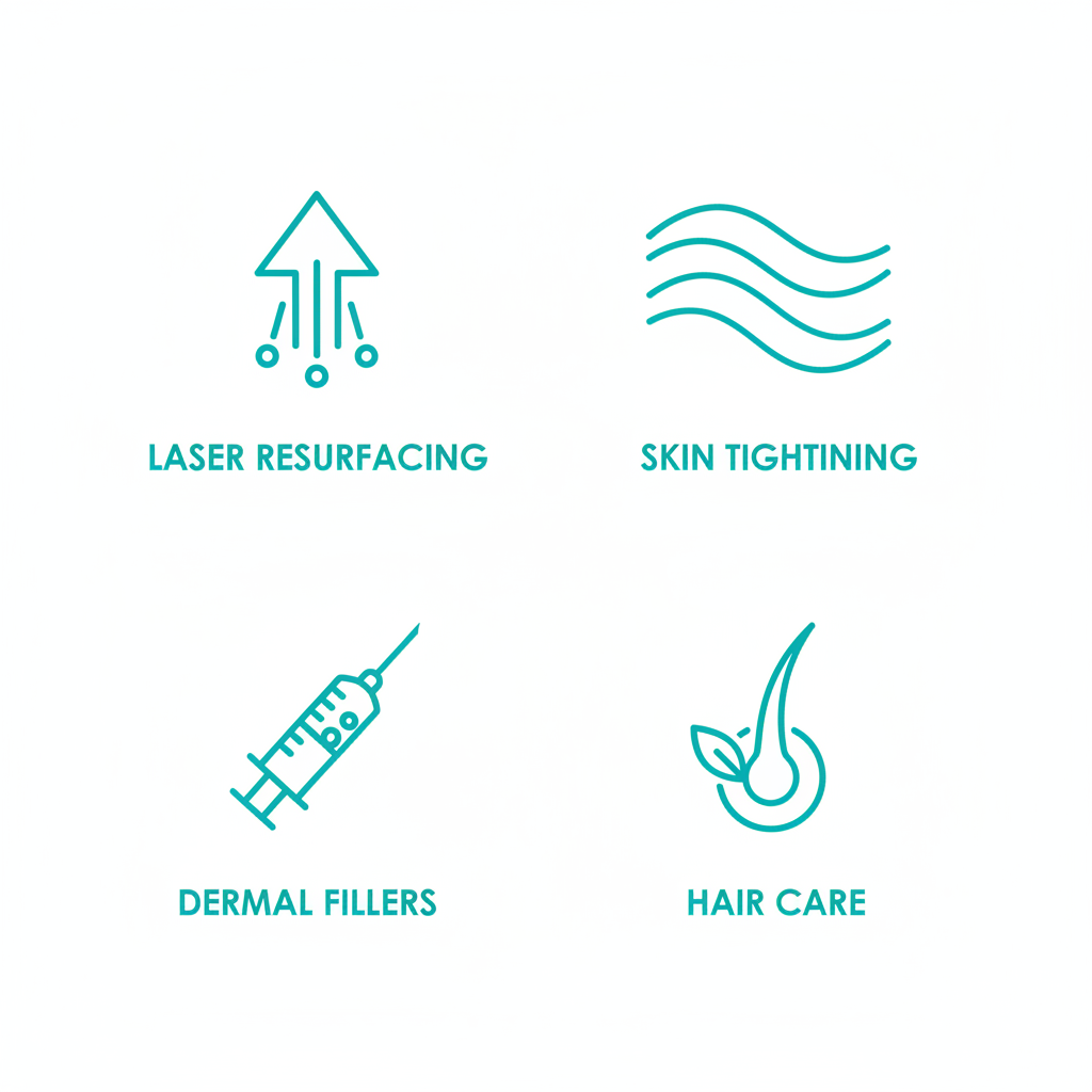 Grid of icons depicting laser skin resurfacing, nonsurgical tightening, injectables, and complementary skin care treatments.