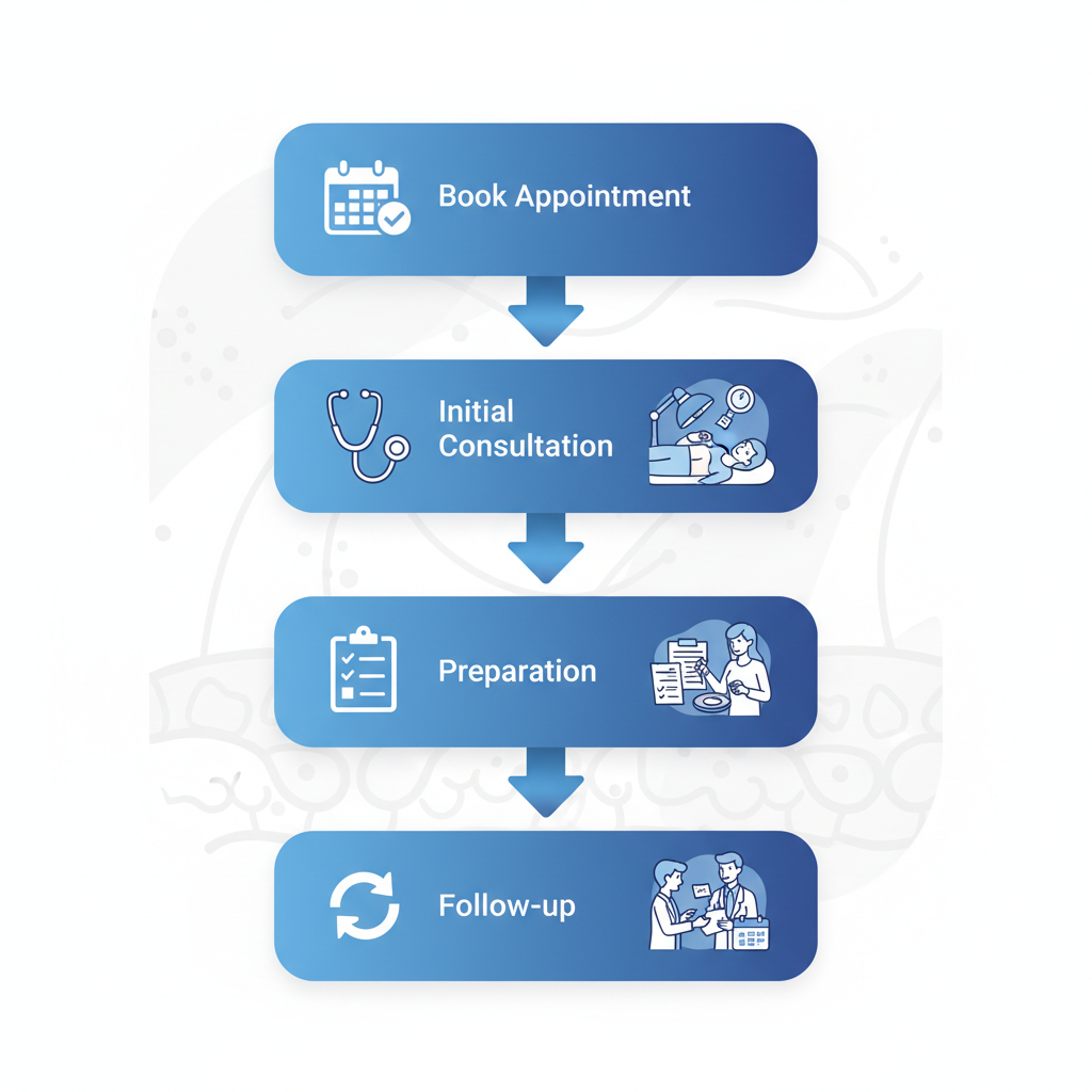 Vertical process flow illustrating four key stages to start dermatology care: booking appointment, initial consultation, preparation, and follow-up in Carrollwood.