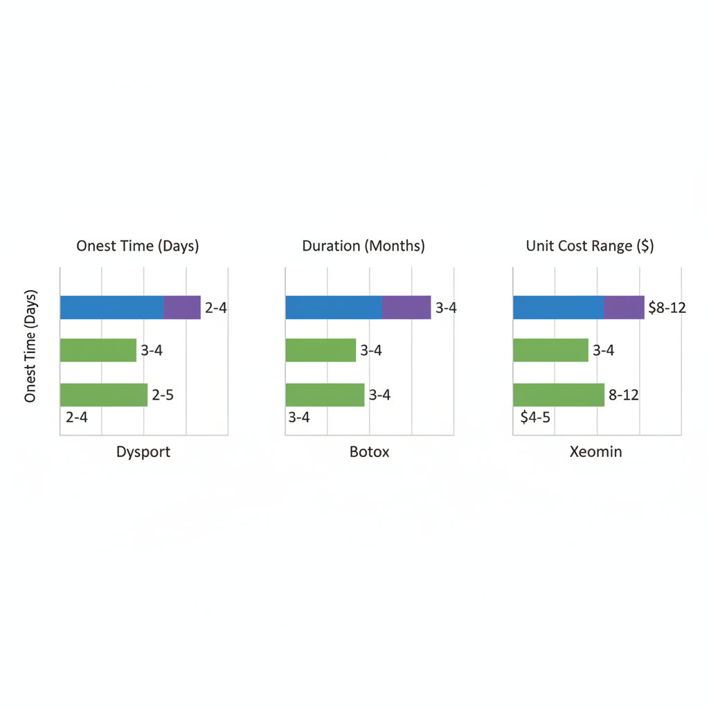 Horizontal bar chart comparing onset time, duration, and cost of Dysport, Botox, and Xeomin neurotoxin treatments