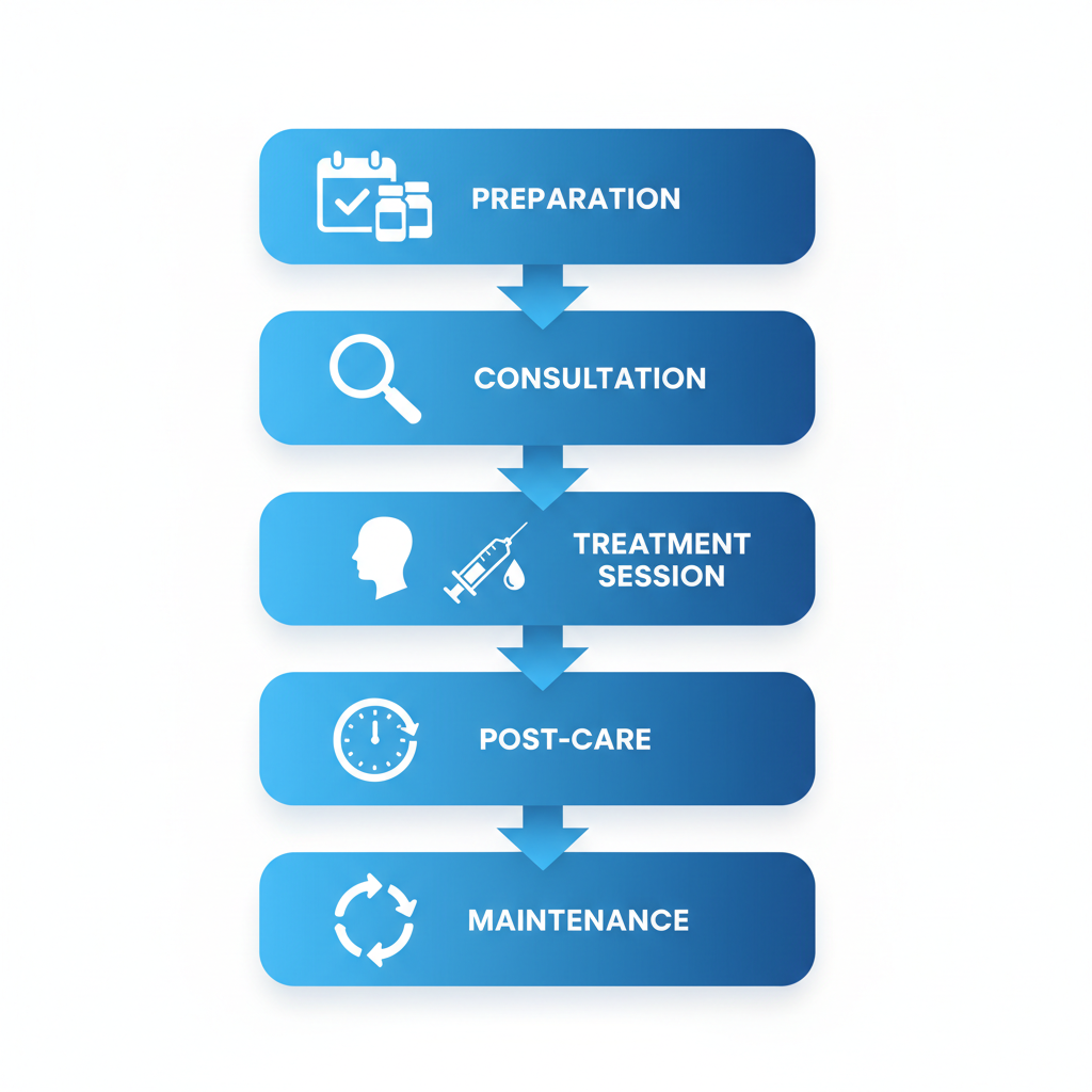 Vertical process flow diagram showing five steps for starting Dysport treatment: preparation, consultation, treatment, post-care, and maintenance.