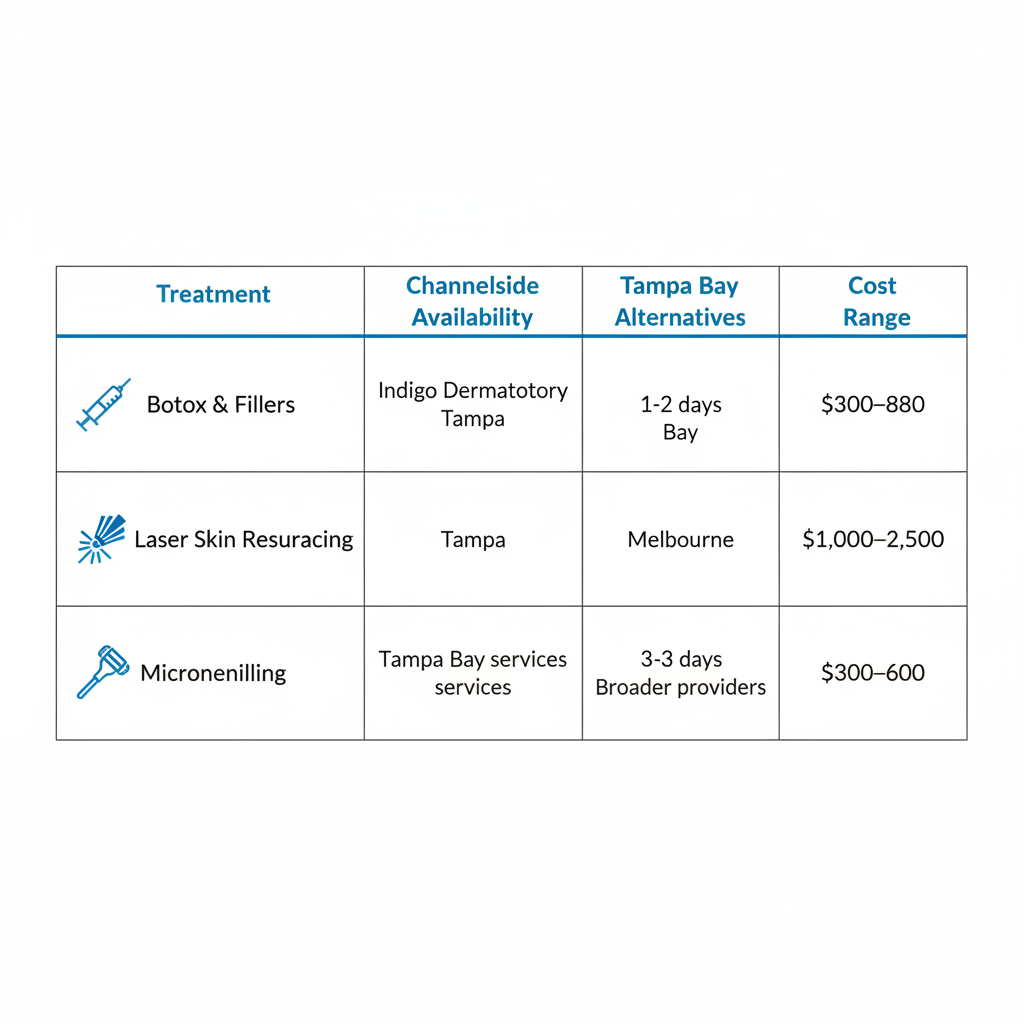 Comparison infographic of non-surgical cosmetic treatments availability, downtime, and costs in Channelside and Tampa Bay areas