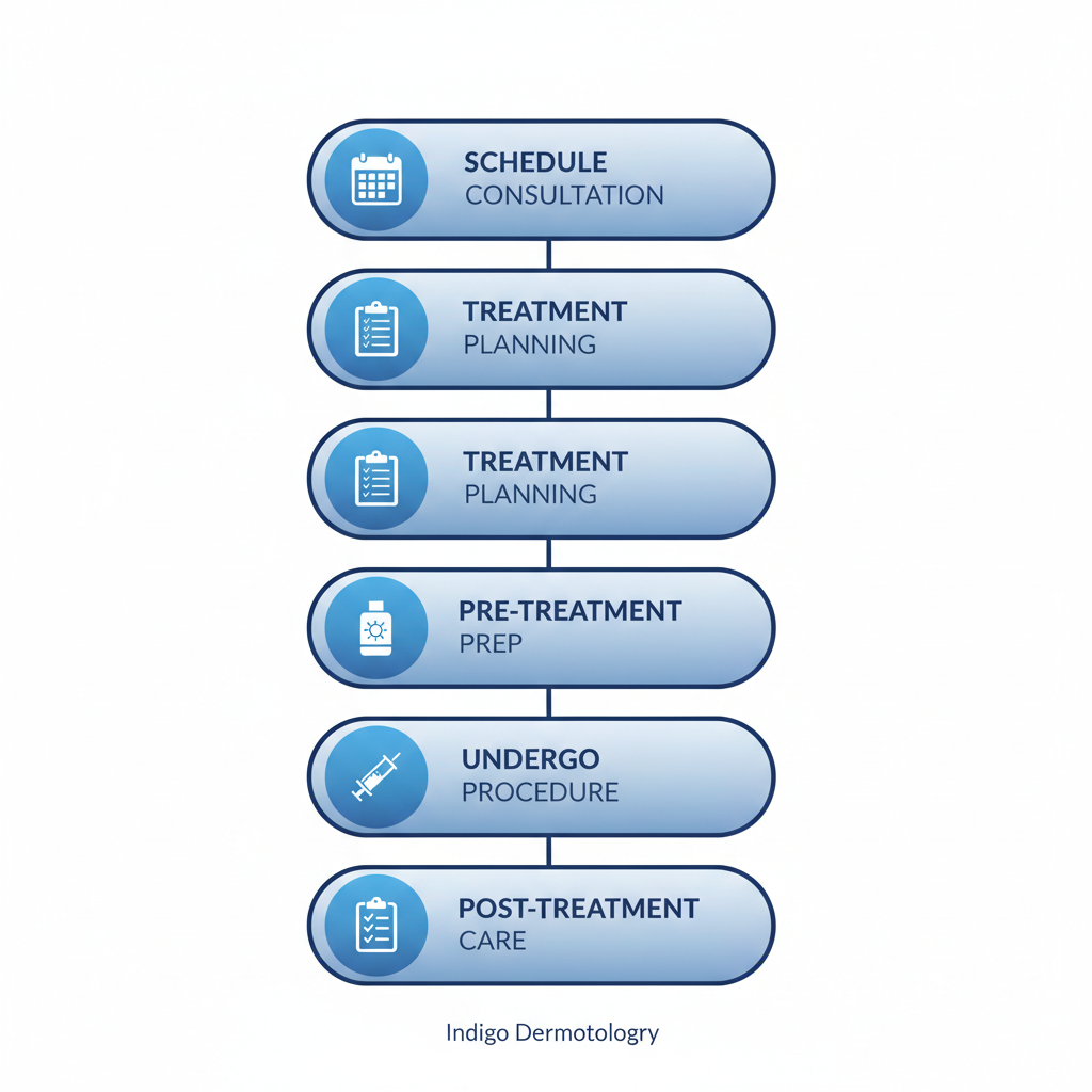 Vertical process flow diagram depicting five steps for starting non-surgical skin rejuvenation at Indigo Dermatology
