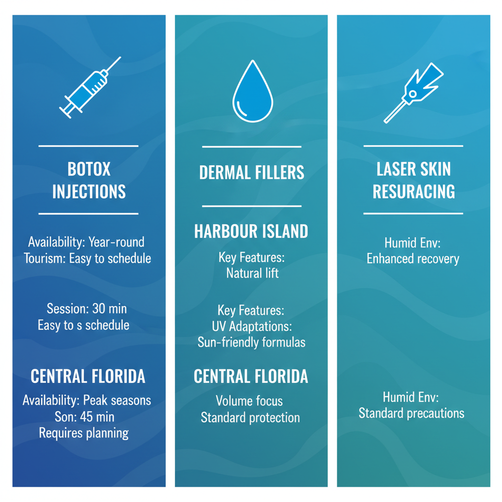 Infographic comparing aesthetic dermatology treatments like Botox, dermal fillers, and laser resurfacing in Harbour Island versus central Florida