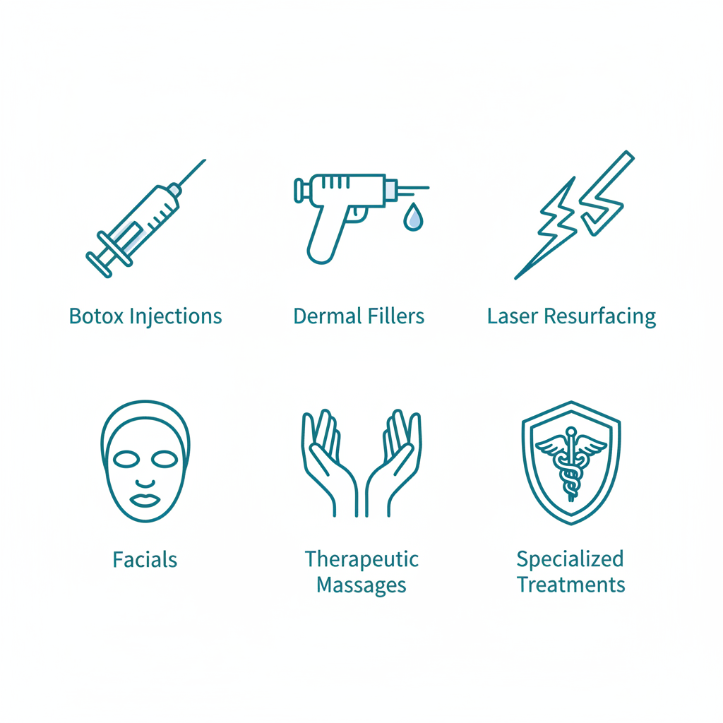 Grid of icons depicting aesthetic services: Botox, dermal fillers, laser resurfacing, facials, massages, and specialized treatments in outline teal and white style.