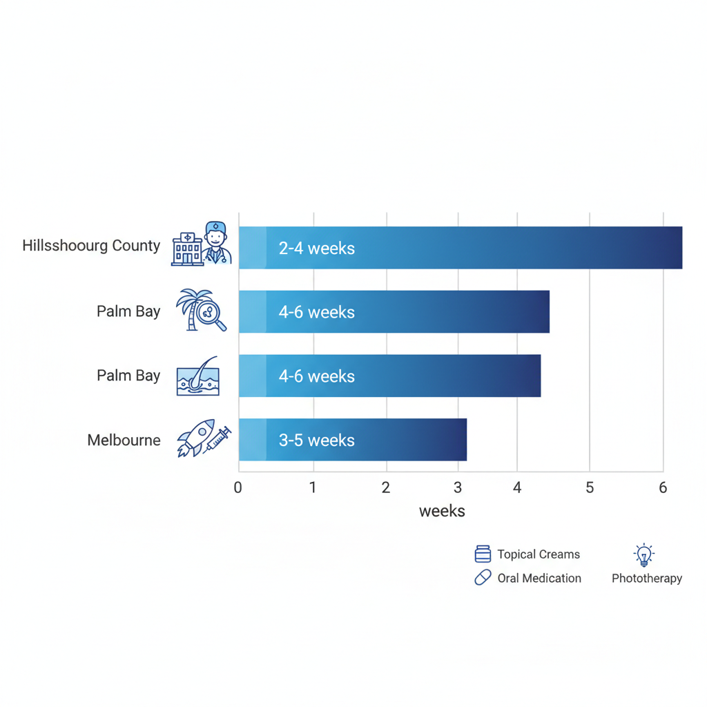 Horizontal bar chart comparing average wait times for eczema care in Hillsborough County, Palm Bay, and Melbourne, with clinic icons and treatment legend.