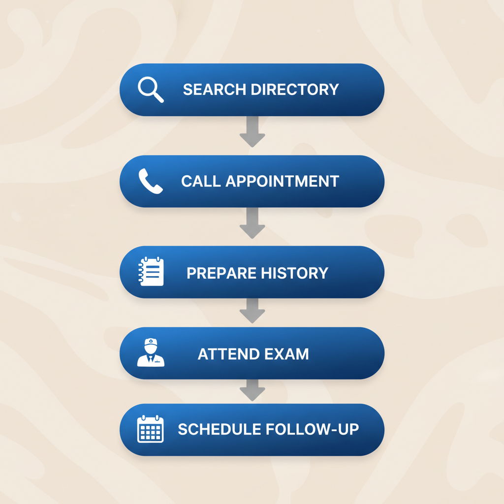 Vertical process flow diagram illustrating five steps to initiate eczema treatment at a dermatology practice.