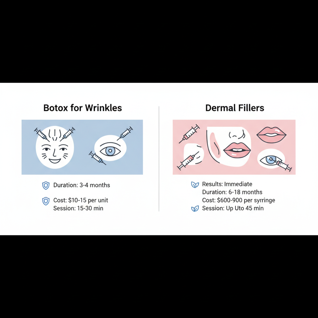Infographic showing Botox and dermal fillers services with durations, costs, and session times.