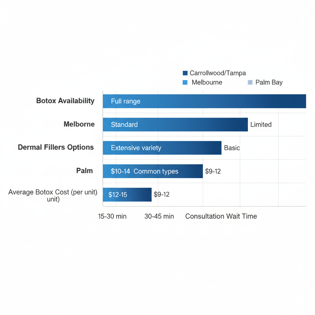 Horizontal bar chart comparing Botox availability, dermal fillers options, average costs, and consultation wait times for facial aesthetics services in Carrollwood/Tampa, Melbourne, and Palm Bay.