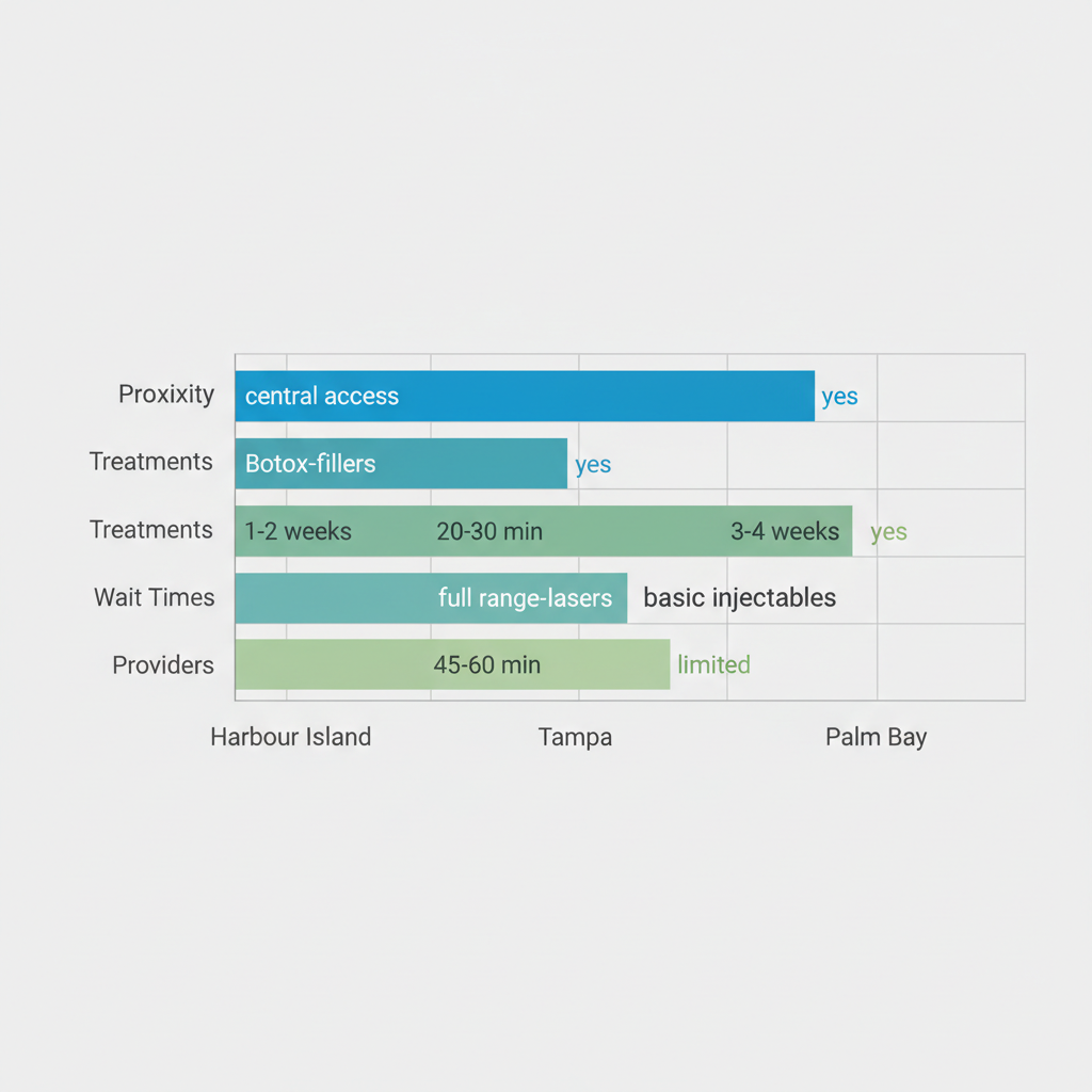 Bar chart comparing clinic proximity, treatments, wait times, and providers for cosmetic dermatology in Harbour Island, Tampa, and Palm Bay.