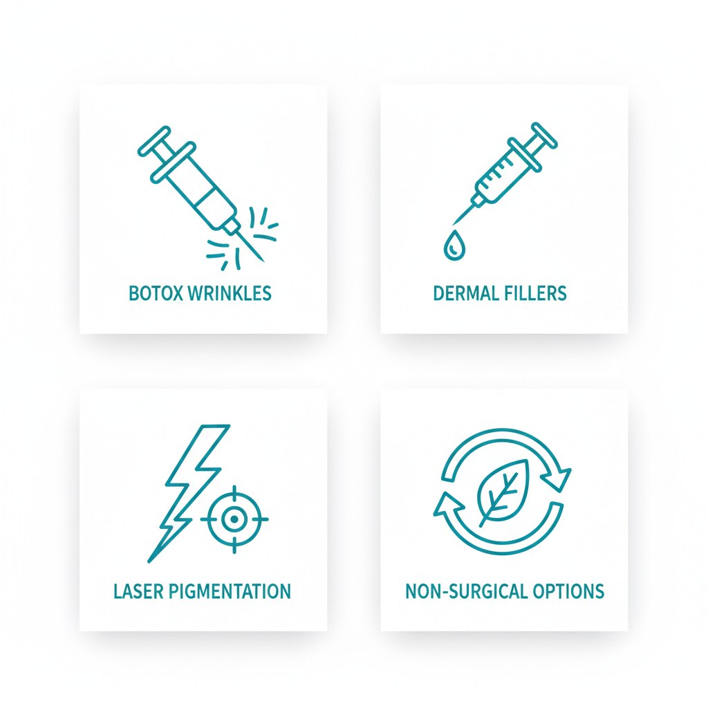 Grid of icons showing Botox syringe, dermal filler injection, laser treatment beam, and refresh symbol for non-surgical cosmetic services in dermatology.