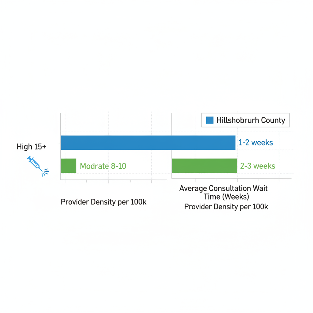 Horizontal bar chart illustrating cosmetic dermatology provider density and wait times in Hillsborough and Brevard Counties, Florida.
