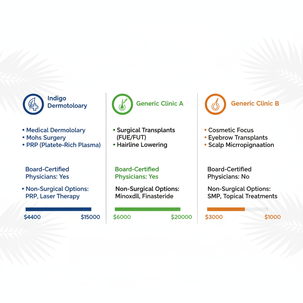 Infographic comparing top hair restoration clinics in Tampa with specialties costs and themes