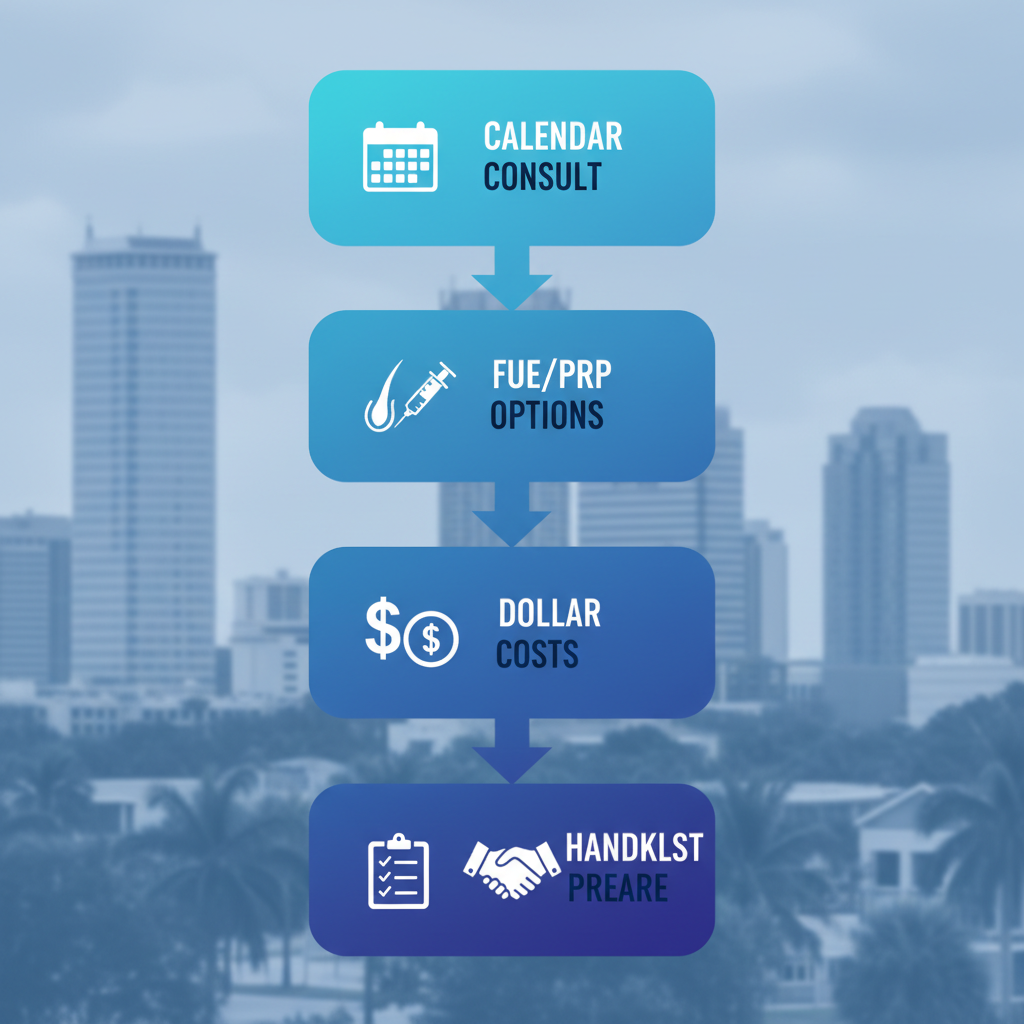 Vertical process flow diagram showing five steps to begin hair restoration treatment at Indigo Dermatology in Tampa