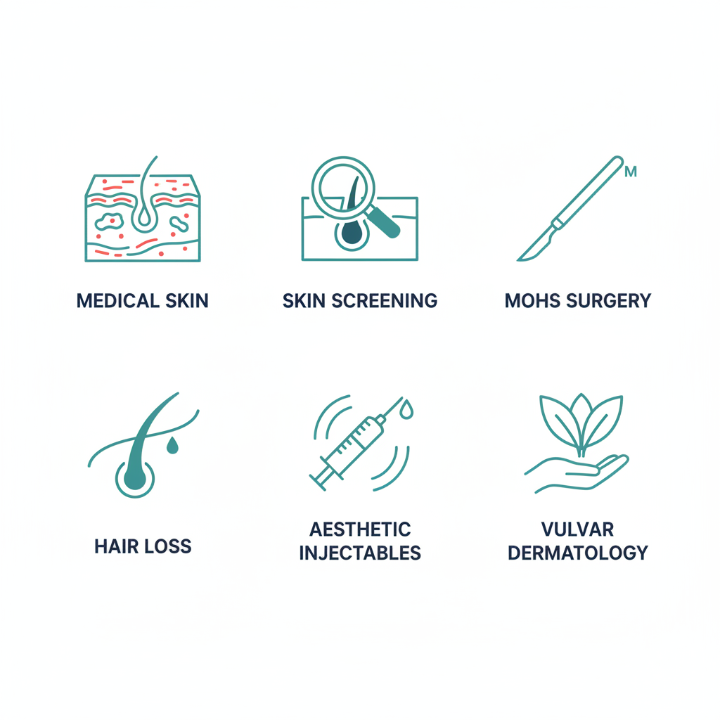 A 2x3 grid of flat modern icons illustrating key dermatology services: medical dermatology, skin cancer screening, Mohs surgery, hair loss treatment, aesthetic procedures, and vulvar dermatology, with short labels below each.