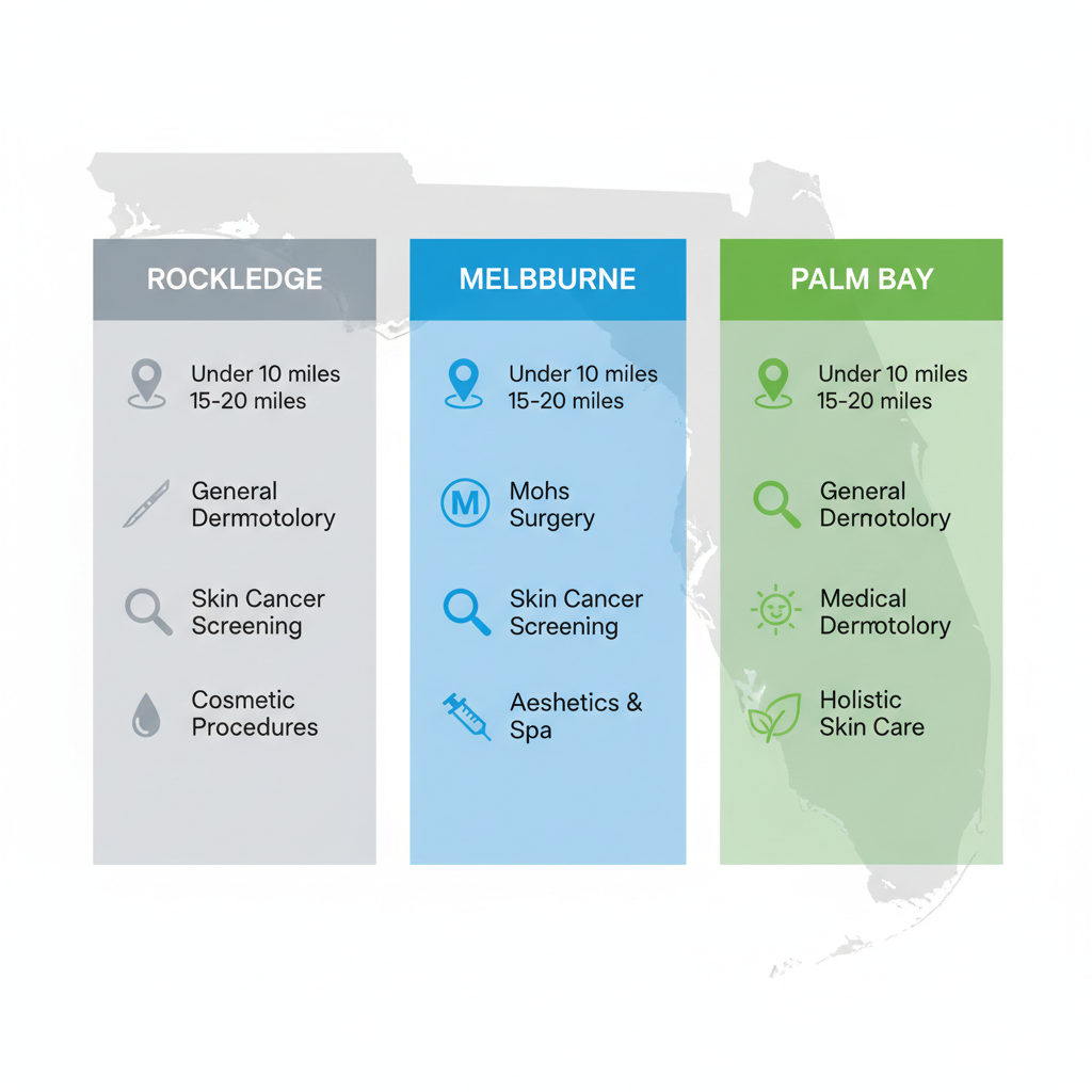 Infographic comparing dermatology services and specializations in Rockledge, Melbourne, and Palm Bay with distance indicators