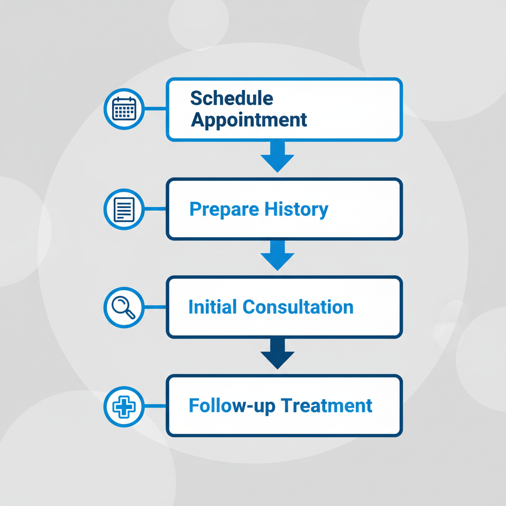 Vertical process flow diagram showing four steps to start dermatology care in Tampa with icons and arrows