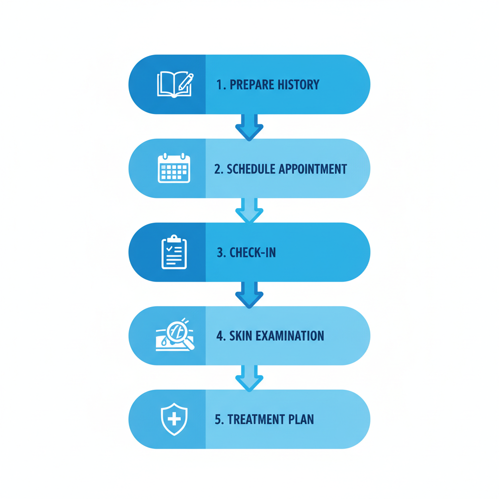 Vertical process flow diagram showing five steps for a first dermatology visit in South Tampa: preparing history, scheduling, check-in, examination, and treatment plan.