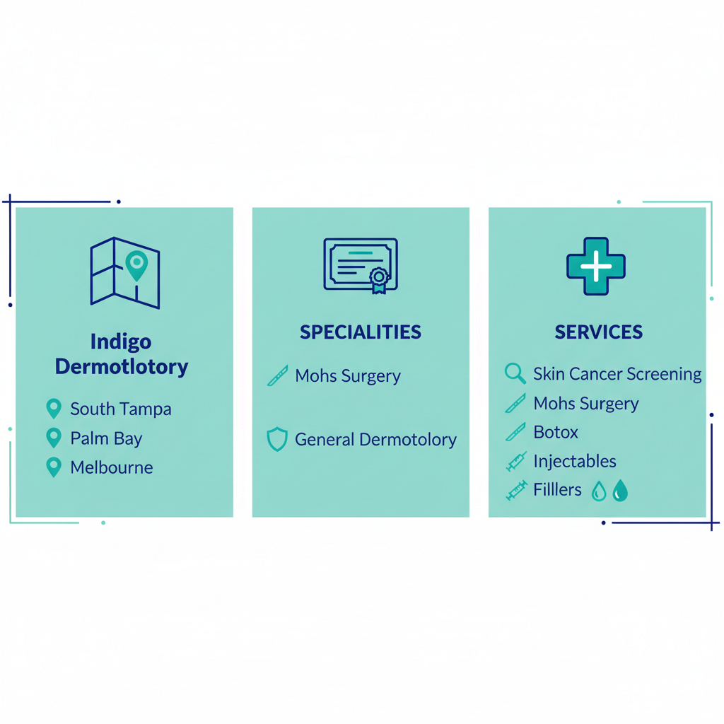 Infographic comparing Indigo Dermatology clinics in South Tampa with locations, specialties, and services