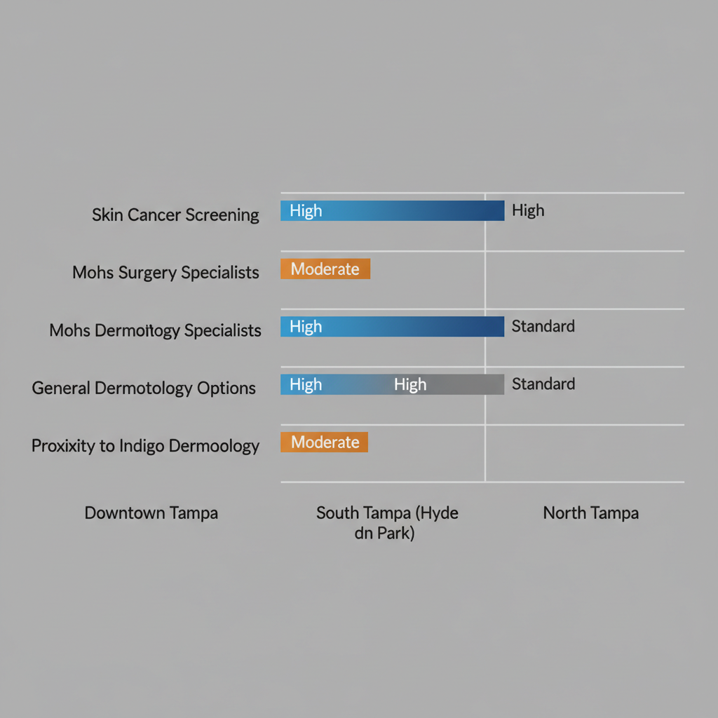 Bar chart illustrating dermatology service availability ratings in key Tampa neighborhoods relative to Indigo Dermatology.