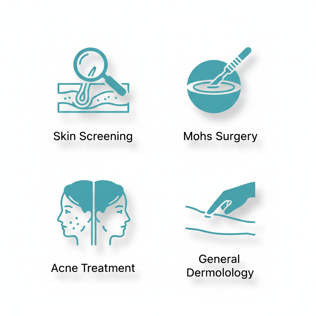 Grid of four modern icons depicting skin cancer screening, Mohs surgery, acne treatment, and general dermatology services at Tampa clinics