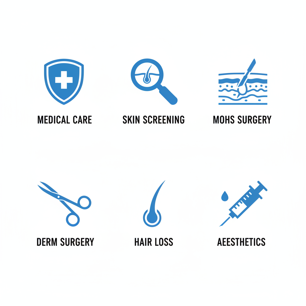 Grid of six flat blue icons representing various dermatology services with short labels below each.