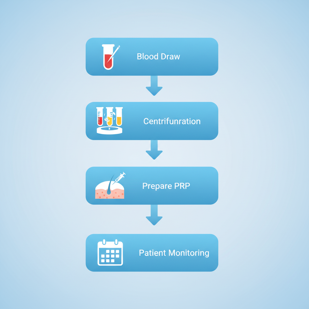 Vertical process flow diagram illustrating PRP therapy steps for hair restoration