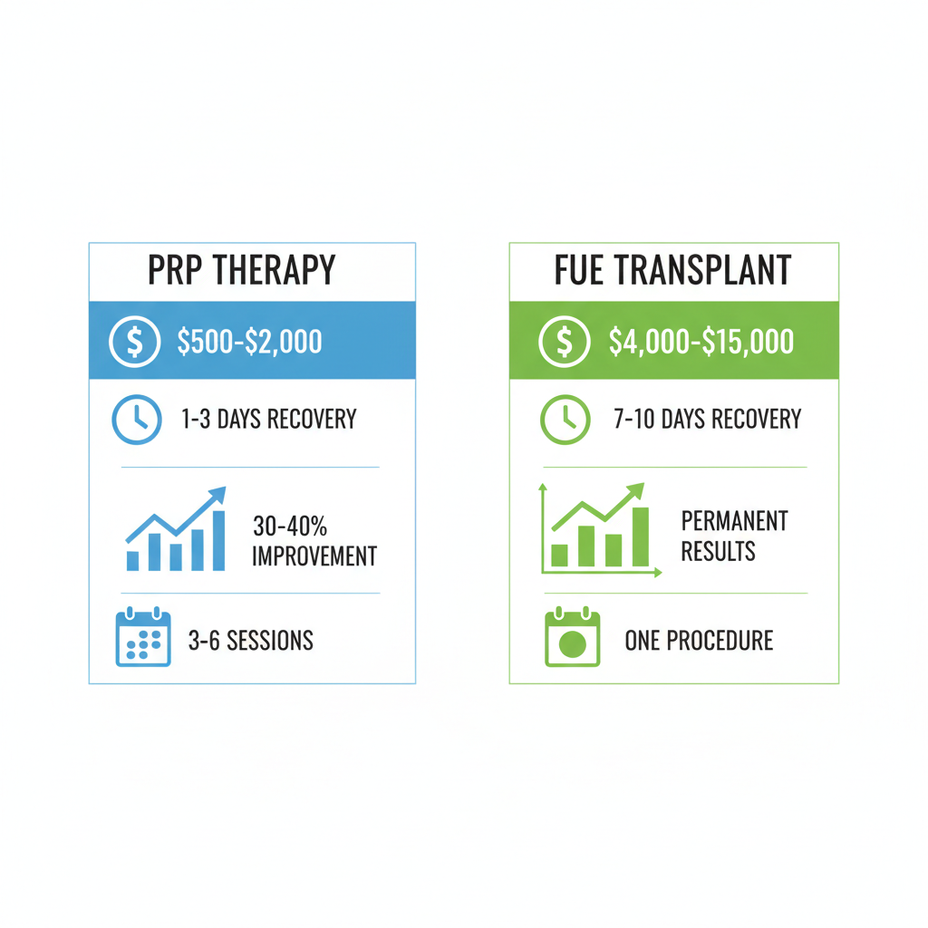 Infographic comparing PRP therapy and FUE hair transplant for hair restoration with costs, recovery, and effectiveness
