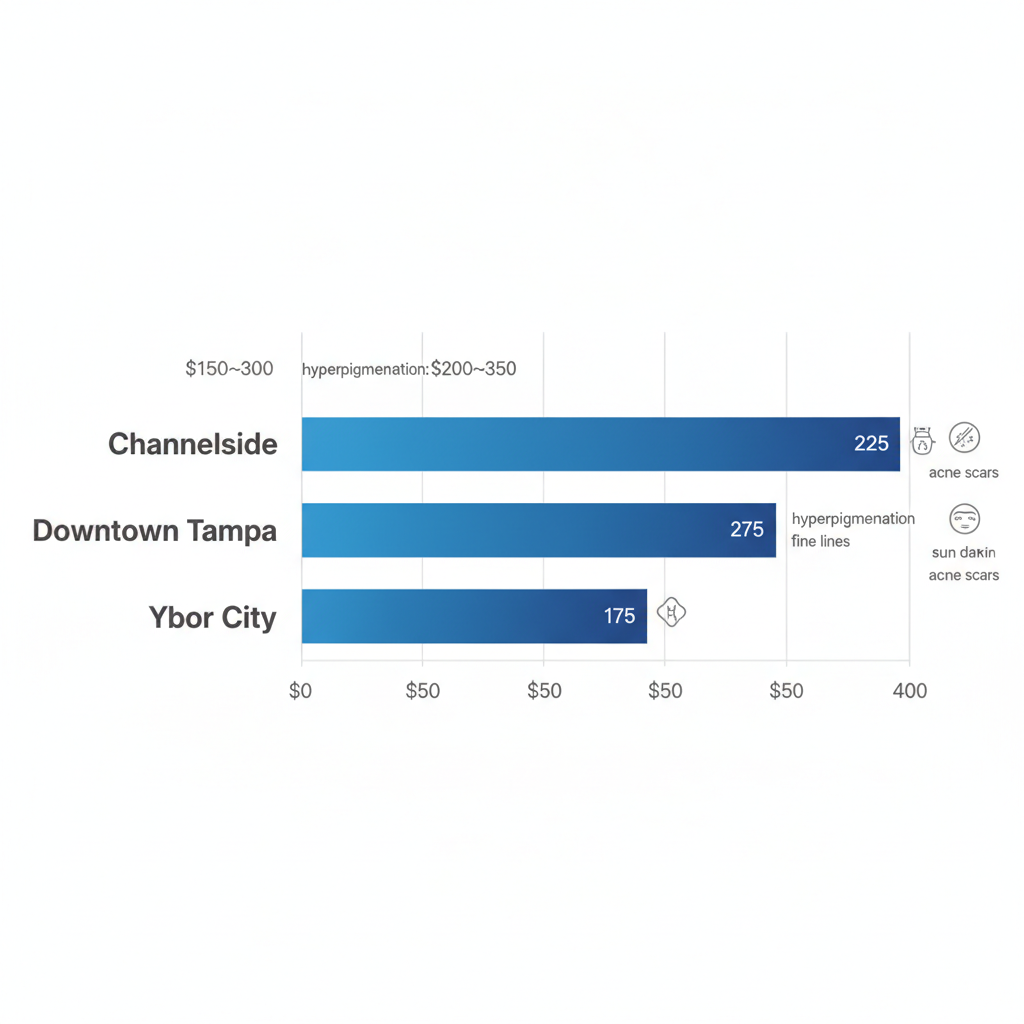 Horizontal bar chart comparing chemical peel costs in Central Florida areas with icons for skin conditions