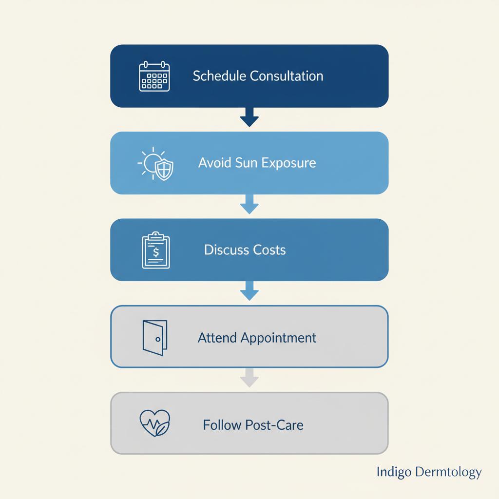 Vertical process flow diagram showing five preparation steps for chemical peel treatment with icons and blue accents.