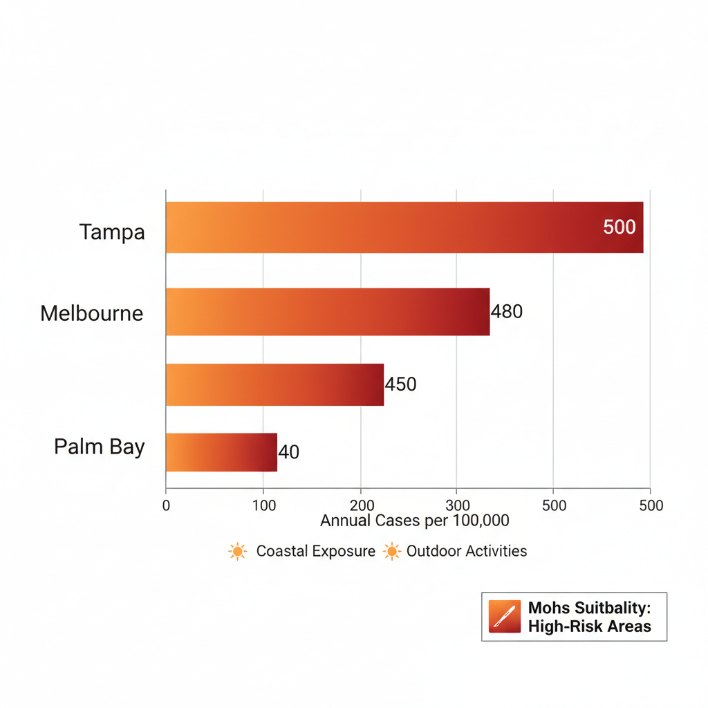 Bar chart comparing skin cancer incidence rates in Tampa, Melbourne, and Palm Bay, Florida, with UV risk indicators.