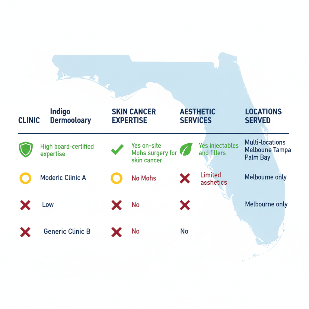 Infographic comparing dermatology clinics in Melbourne, Florida, emphasizing Indigo Dermatology's expertise in skin cancer treatment and multi-location services.