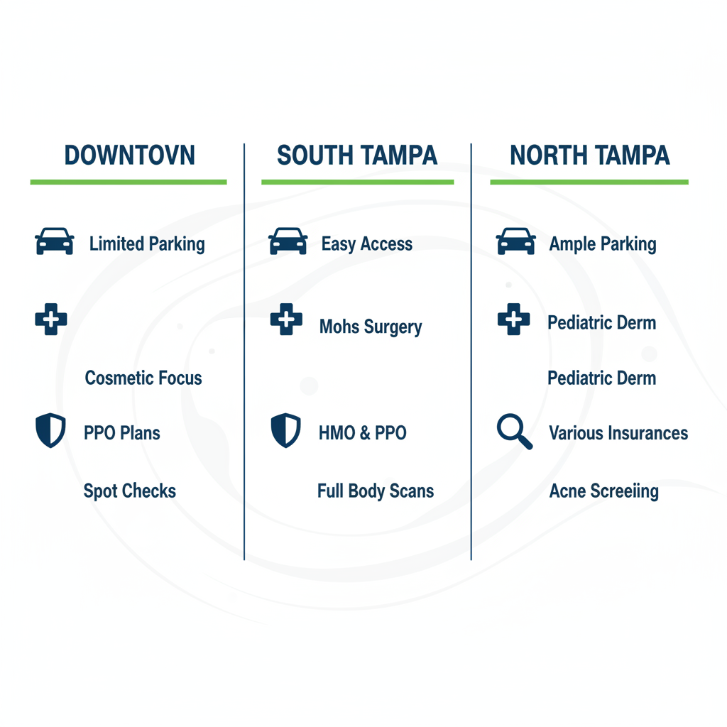 Infographic showing evaluation criteria for dermatology clinics in Tampa's Downtown, South Tampa, and North Tampa areas with icons for accessibility, services, insurance, and screening.