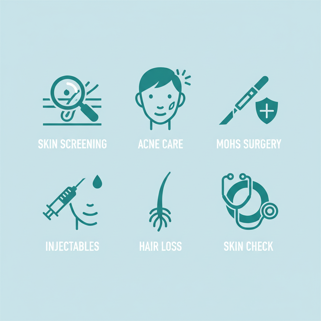 Grid of six icons representing dermatology services: skin cancer screening, acne treatment, Mohs surgery, aesthetic injectables, hair loss management, and general skin check.