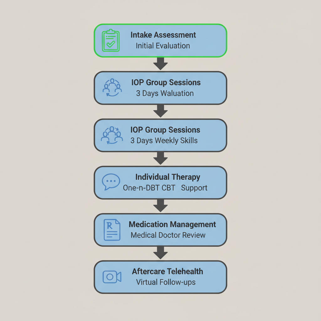 Visual flowchart depicting the five-step family counseling process at Recovery Ways Idaho, from intake to aftercare, with icons and brief labels.