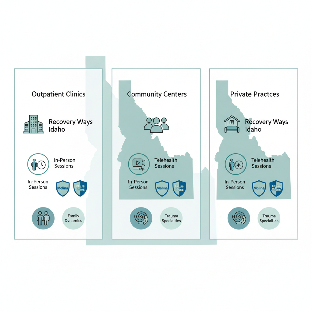 Infographic comparing family counseling options in Boise: outpatient clinics, community centers, and private practices with session formats, insurance, and specialties.