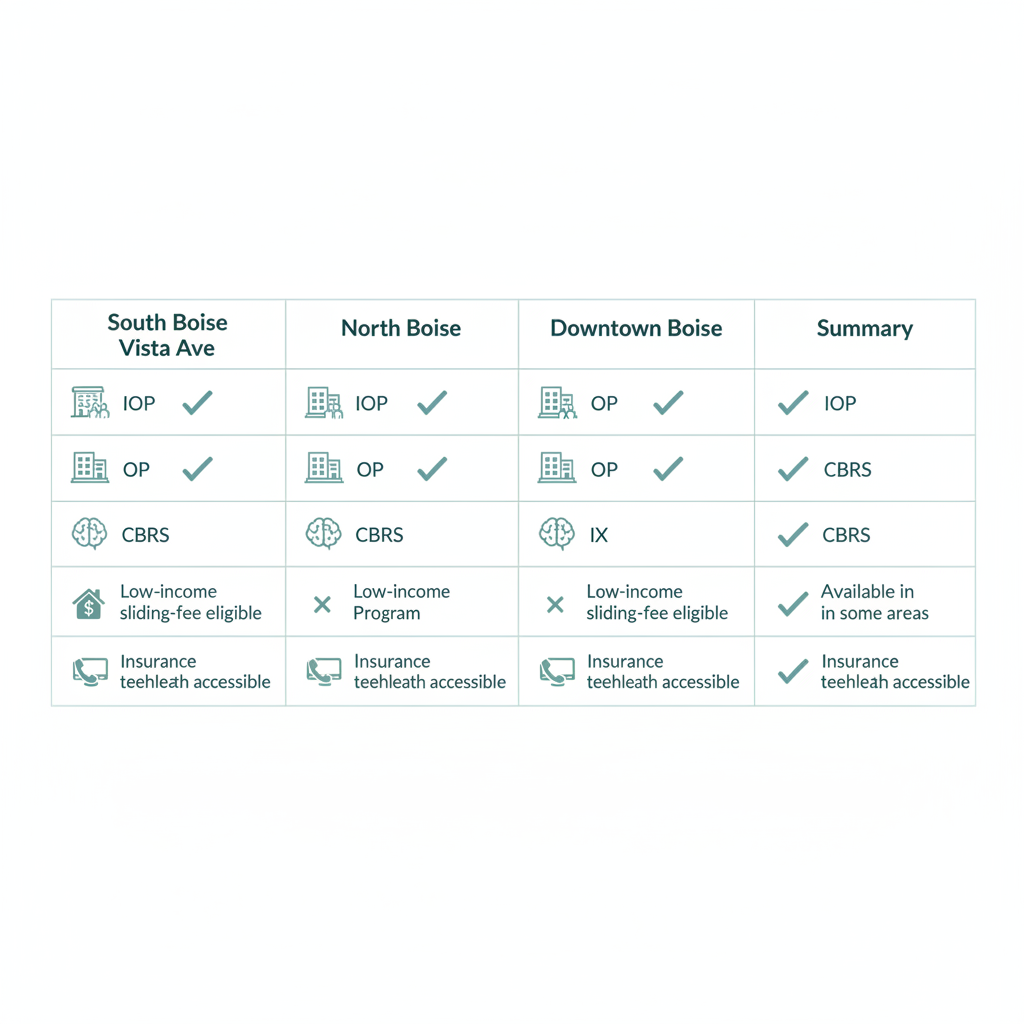 Horizontal comparison chart showing mental health services across Boise areas including icons for IOP, OP, CBRS and accessibility details.
