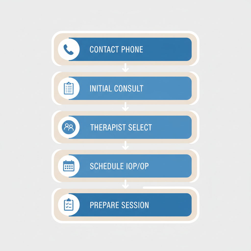 Vertical process flow diagram showing five steps to start mental health care: contact, consultation, therapist selection, scheduling, and preparation.