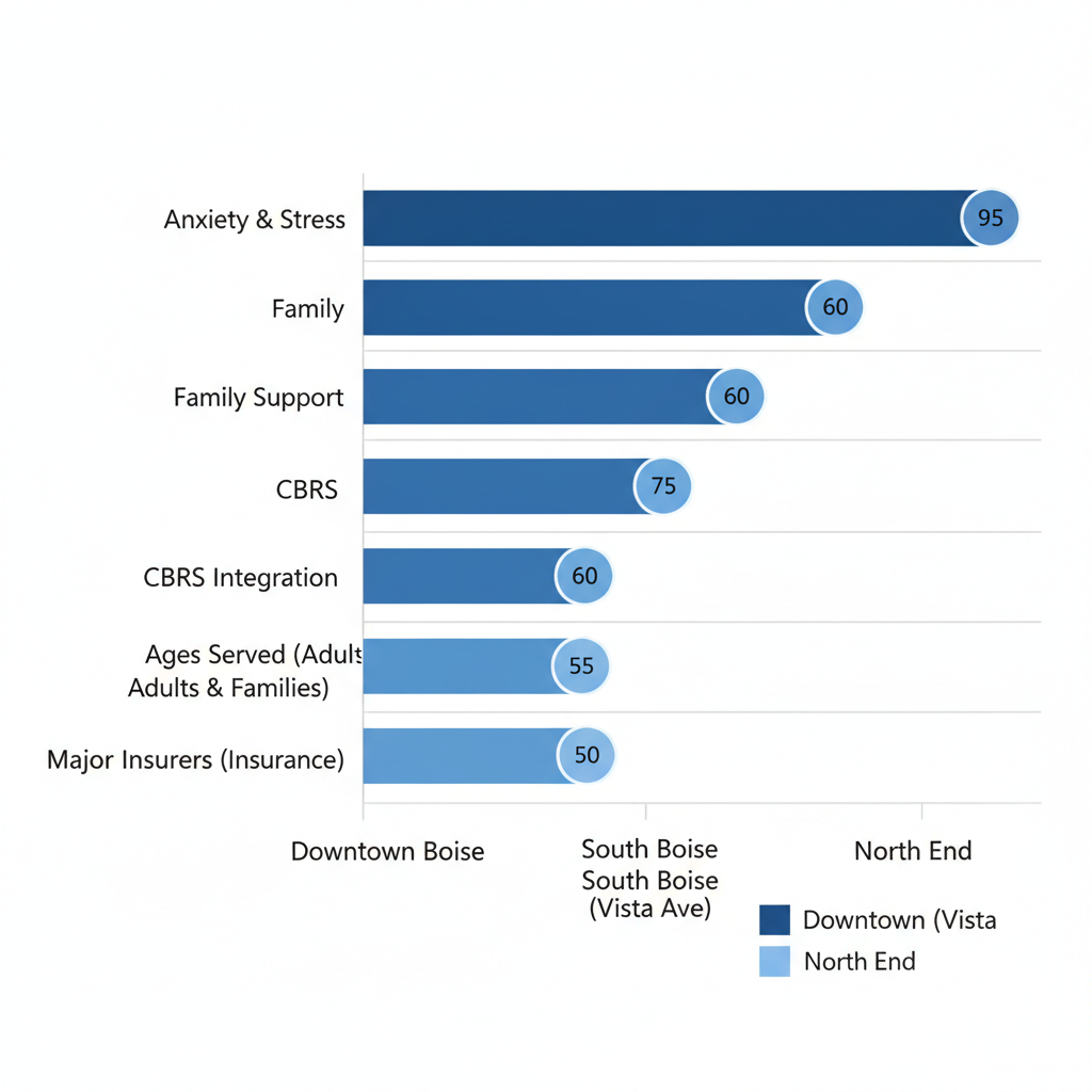 Horizontal bar chart comparing mental health service areas in Boise with focuses on anxiety, family support, and more