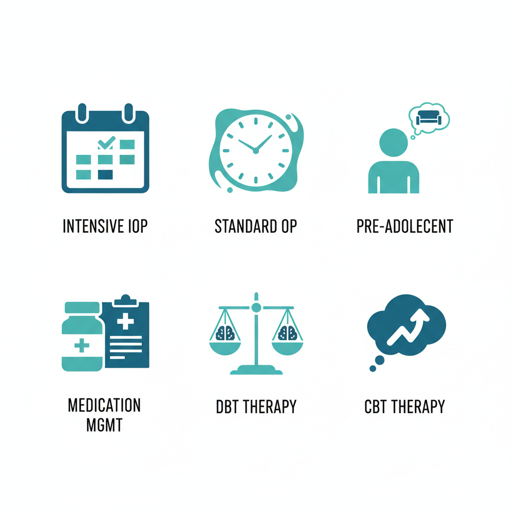 Grid of icons illustrating outpatient services: Intensive Outpatient Program, Standard Outpatient Program, Pre-Adolescent IOP, Medication Management, DBT Therapy, and CBT Therapy.