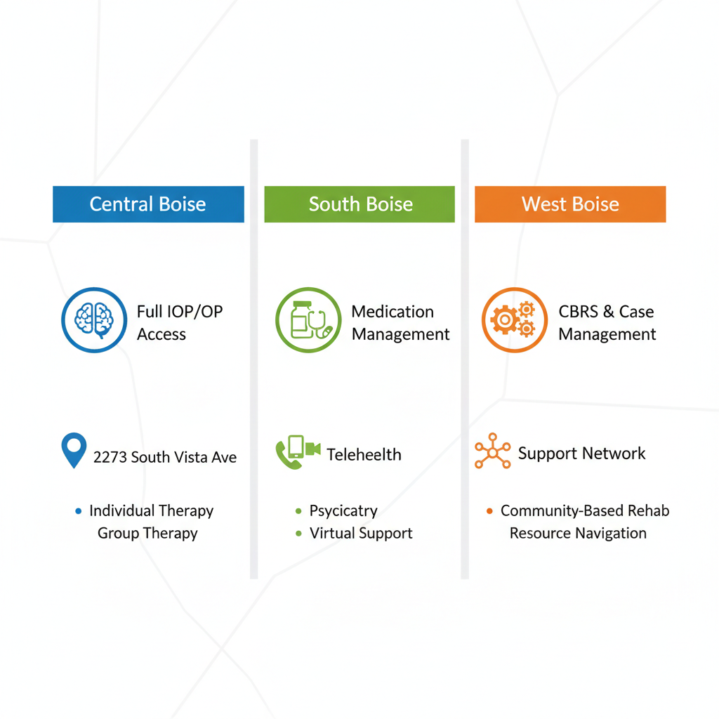 Infographic showing mental health services across Boise neighborhoods with icons and coverage details